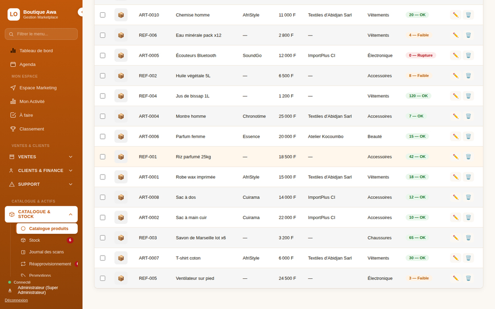 Catalogue produits et gestion de stock